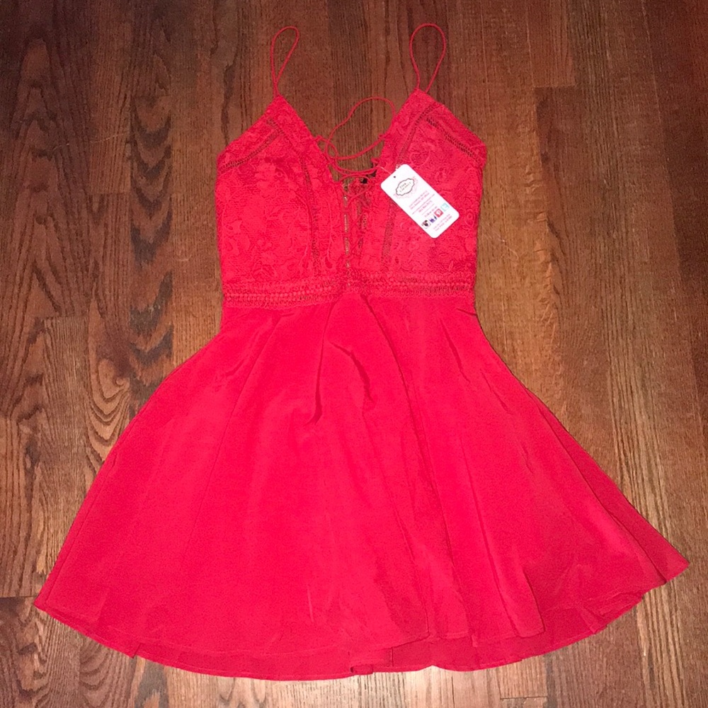 Red lace up mini dress